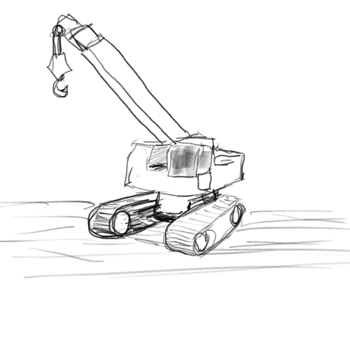 A simple black-and-white sketch depicts a construction crane with a long boom and hook, but its base is drawn with tank…