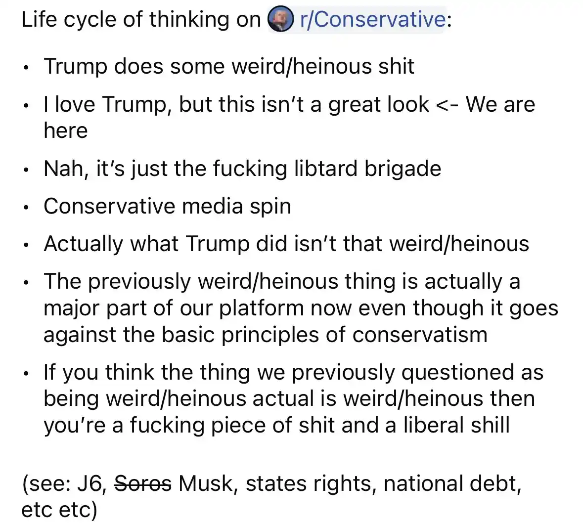 A white background image displays a bulleted list titled 'Life cycle of thinking on r/Conservative,' detailing how…