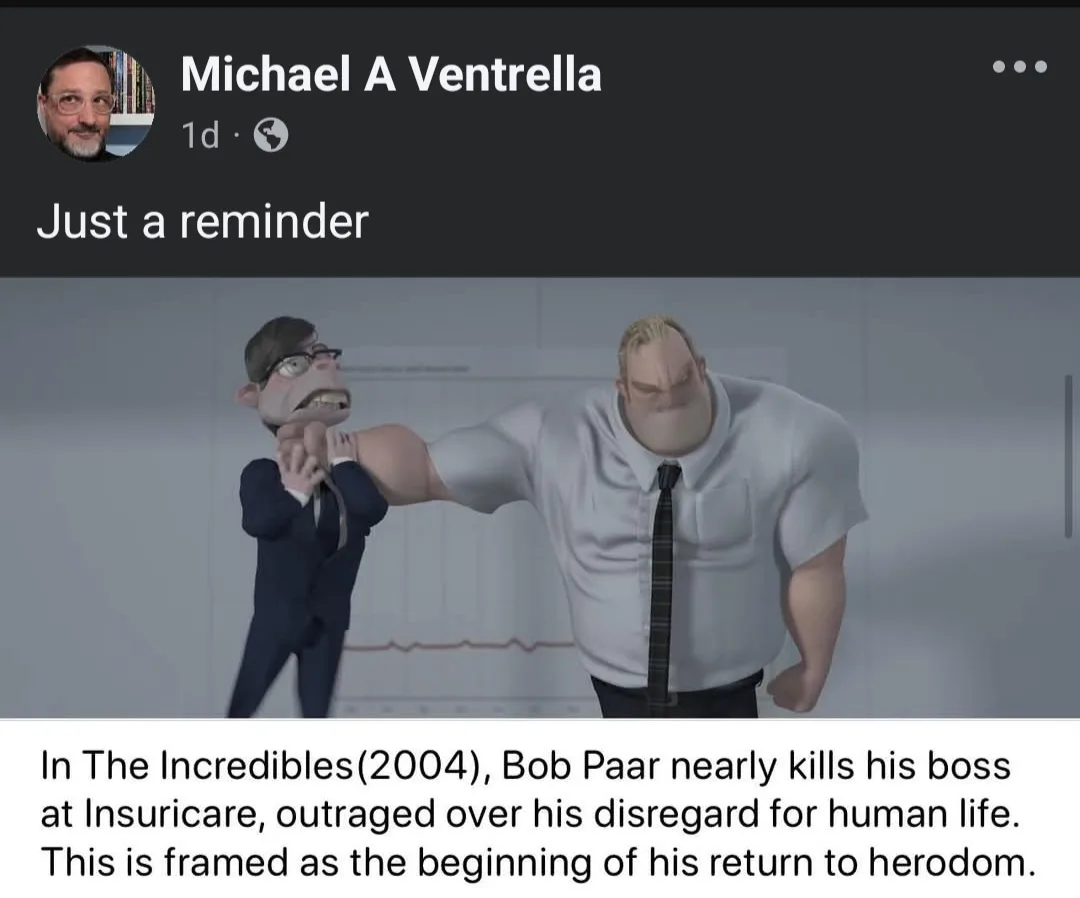 The image shows two animated characters from 'The Incredibles' (2004). A large, muscular man in a white shirt and tie is…