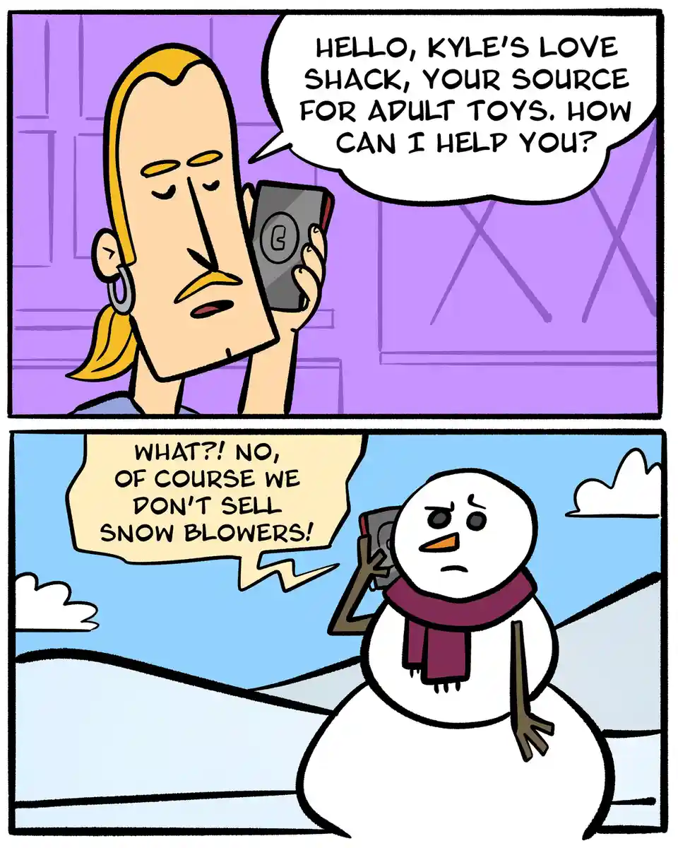 A two-panel comic shows a person with blonde hair and hoop earrings on the phone, introducing 'Kyle's Love Shack' as a…